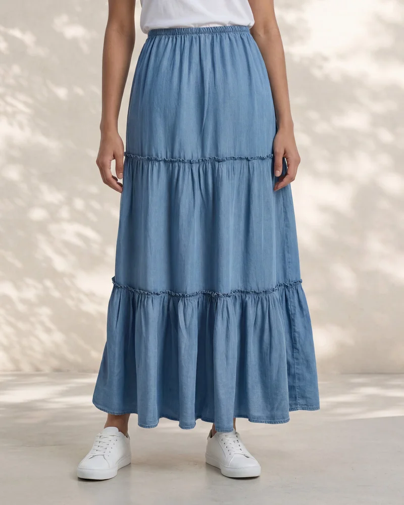 Redtag Women Blue Tiered Tencel Skirt