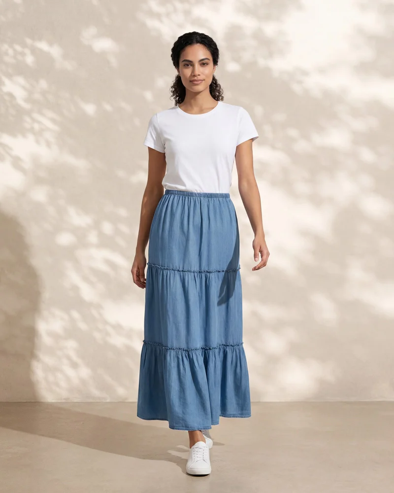 Redtag Women Blue Tiered Tencel Skirt
