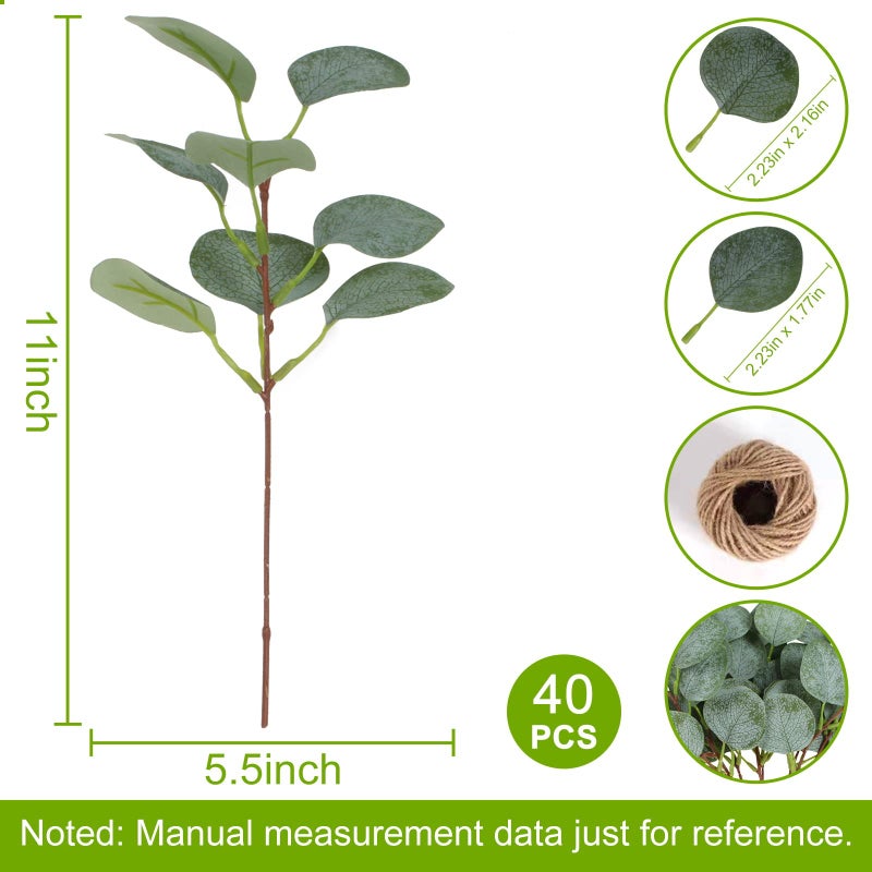 ZeKonan 40 Pcs Artificial Eucalyptus Stem, Fake Silver Dollar Eucalyptus Leaves Stems Bulk Real Touch Faux Leaf Branches for DIY Bouquets Floral Arrangement Wedding Home Decor - Image 2