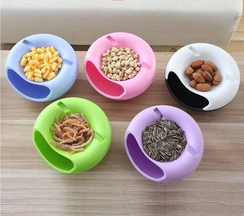 Multifunctional Creative Shape Lazy Pista Nut Snack Nashta Breakfast Dry Fruit Serving Platter Bowl with Mobile Cellphone Holder Bracket Stand Multicolor Pack Of 3  - Image 2