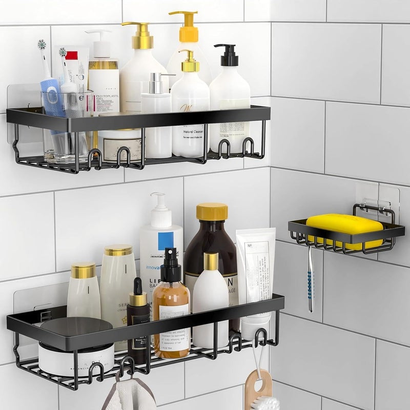 Moforoco 3-Pack Shower Caddy Basket Shelf with Soap Holder, No Drilling Traceless Adhesive Shower Wall Shelves, Rustproof Black Bathroom Shower Storage Organizer - Image 1