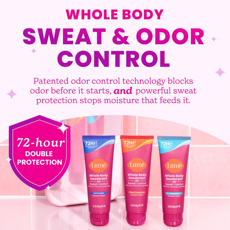 Lume Whole Body Deodorant Plus Sweat Control - Smooth Cream Tube - 72 Hour Odor And Sweat Control - Baking Soda Free, Skin Loving - 3.0 ounce (Pack of 2) (Soft Powder & Lavender Sage) - Image 2