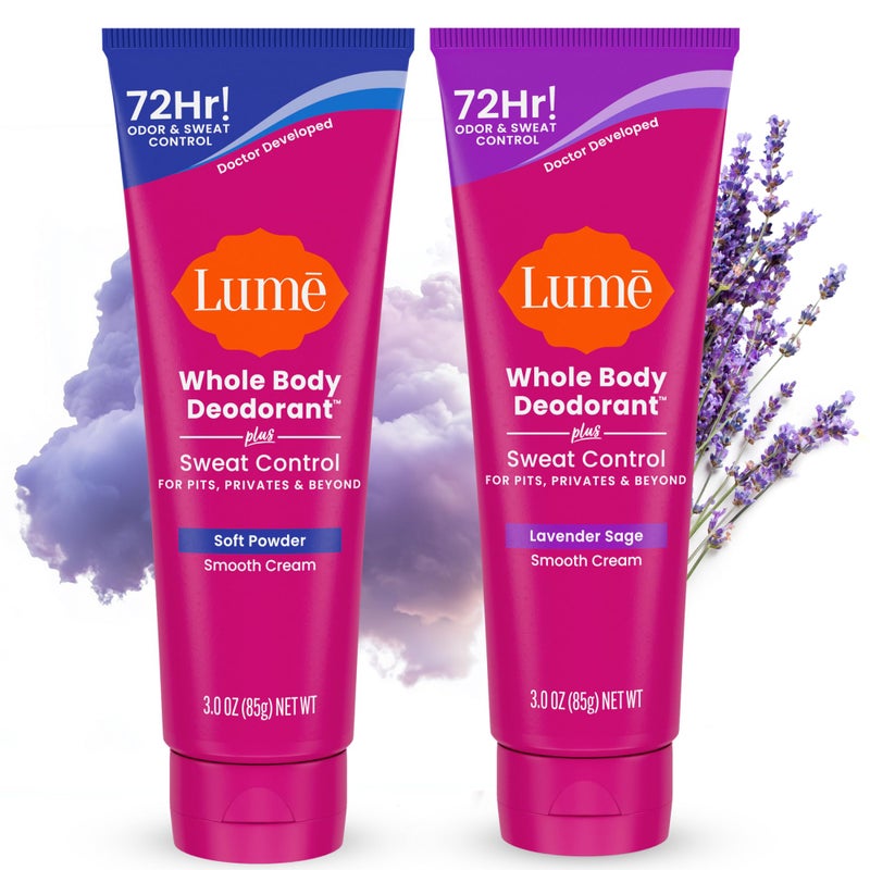 Lume Whole Body Deodorant Plus Sweat Control - Smooth Cream Tube - 72 Hour Odor And Sweat Control - Baking Soda Free, Skin Loving - 3.0 ounce (Pack of 2) (Soft Powder & Lavender Sage) - Image 1