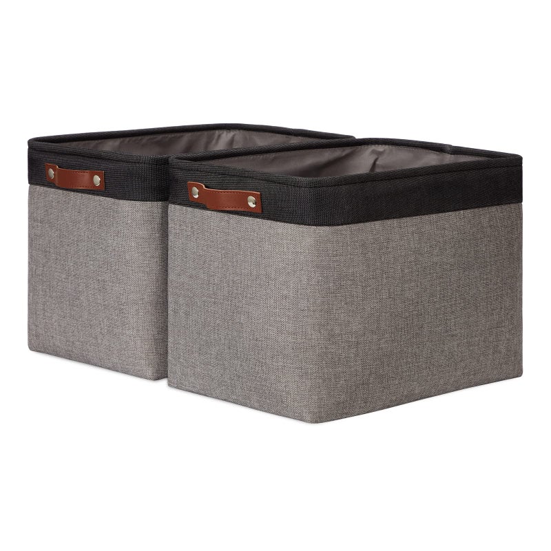 صناديق تخزين DULLEMELO 16x12x12 مع مقابض جلدية لتنظيم السلال القابلة للطي الزخرفية للرفوف والخزائن والمكتب المنزلي باللونين الأسود والرمادي