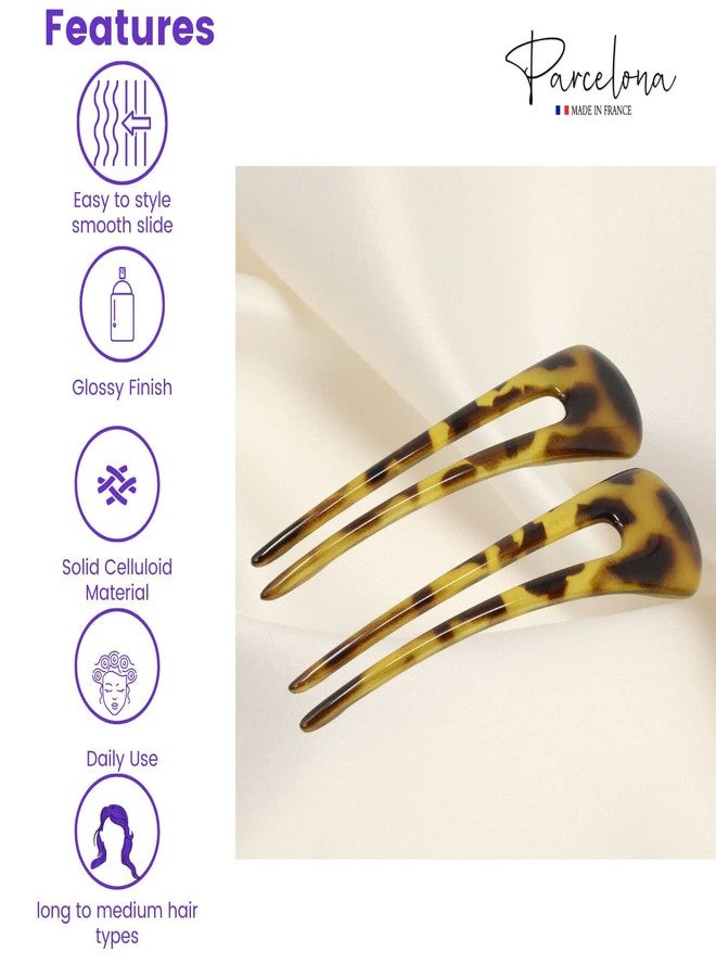 Parcelona French Long Duo Light Shell Savana Large 4.75” Celluloid Set of 2 French Twist Stick Clip Pins 2-Prong Hair Fork for Girls Spiral Up-do Chignon Bun Holder Flexible Durable Styling Paris Hair - Image 2