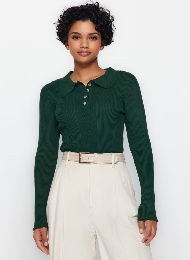 trendyol Emerald Green Polo Collar Knitwear Sweater - Image 3