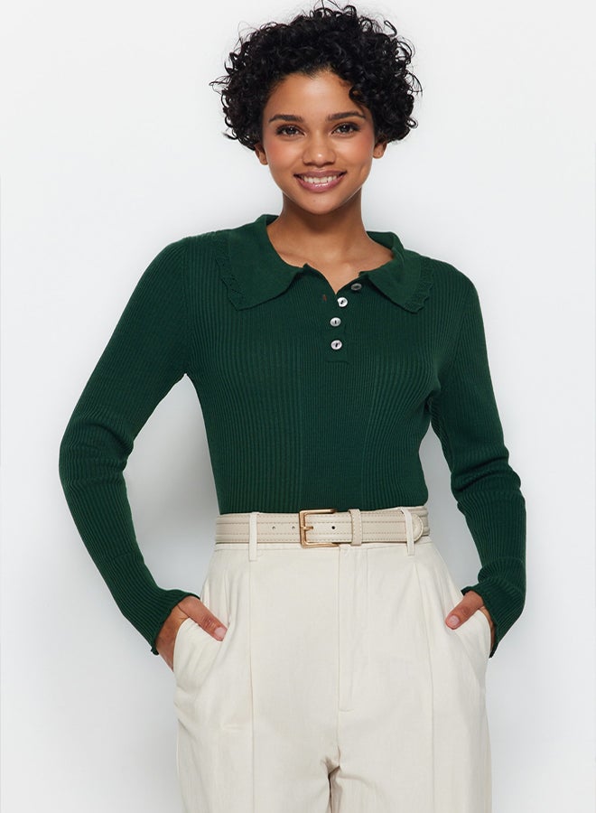trendyol Emerald Green Polo Collar Knitwear Sweater - Image 2