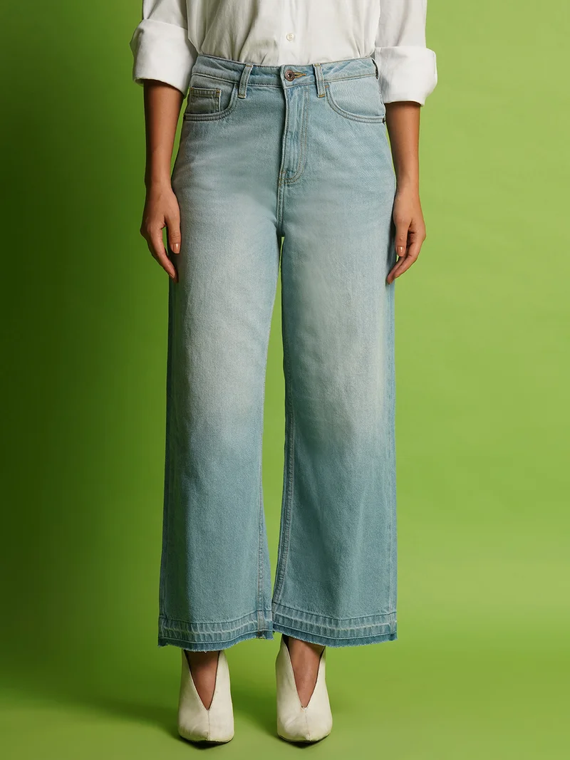 Globus Women Wide Leg Mid-Rise Clean Look Heavy Fade Pure Cotton Non Stretchable Jeans