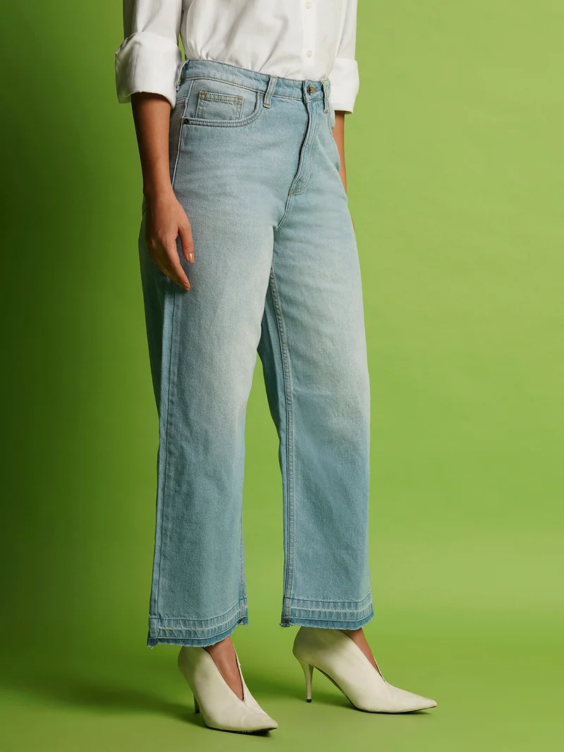 جلو باص جينز نسائي واسع الساق قطن نقي بدون مطاط من جلوبس