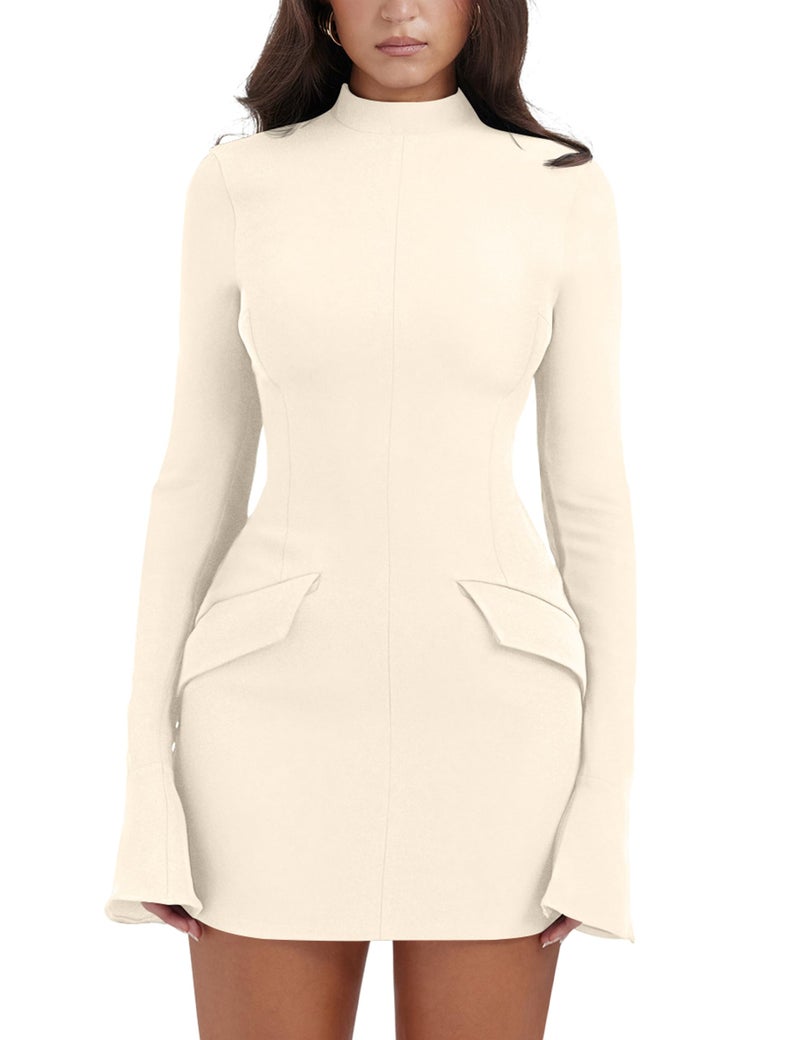 YMDUCH Women's Long Sleeve Mock Turtle Neck Bodycon Mini Tank Short Party Dress Beige - Image 1