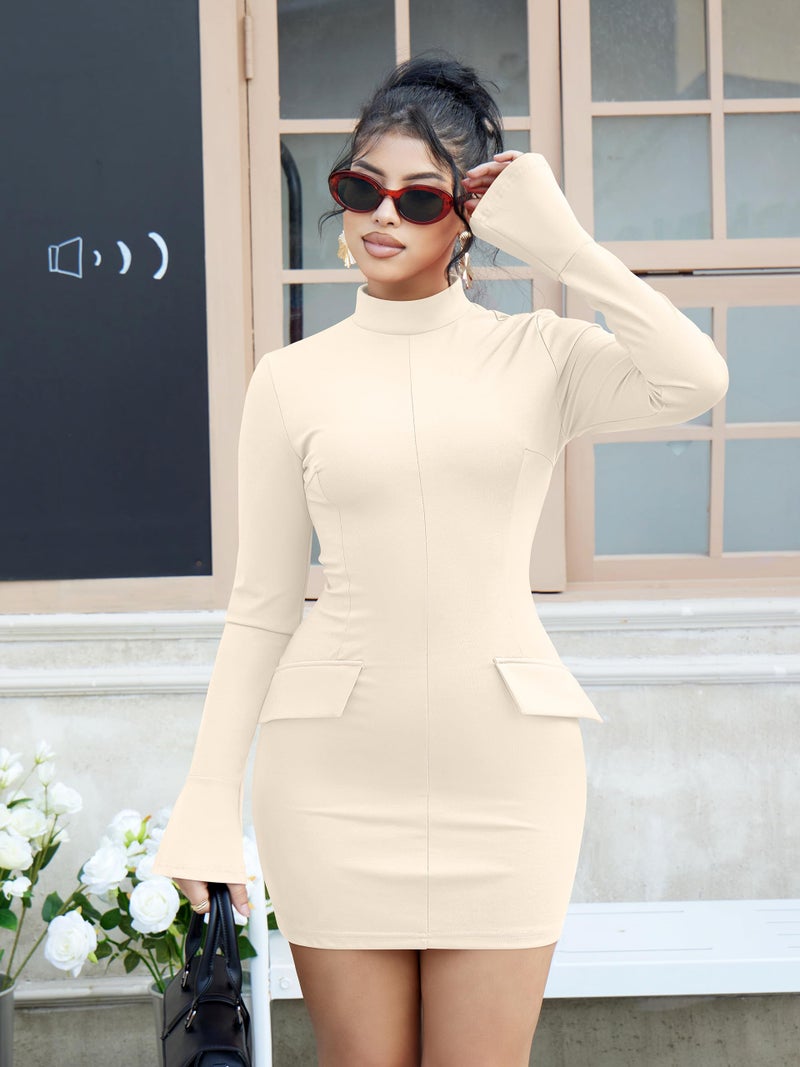 YMDUCH Women's Long Sleeve Mock Turtle Neck Bodycon Mini Tank Short Party Dress Beige - Image 5
