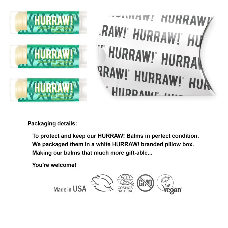 Hurraw! coconut, Mint, Lemongrass (Pitta) Lip Balm, 3 Pack: Organic, Certified Vegan, Cruelty and Gluten Free. Non-GMO, 100% Natural Ingredients. Bee, Shea, Soy and Palm Free. Made in USA - Image 2