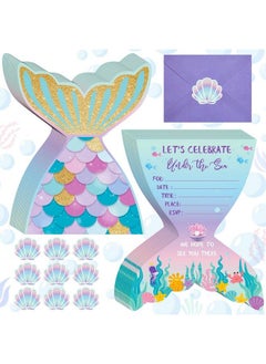 Hotop 24 Sets Mermaid Birthday Invitations With Envelopes And Mermaid Stickers Glitter Mermaid Invitations For Kids Birthday Party Baby Shower Mermaid Themed Party Supplies Pool Party  - Image 2