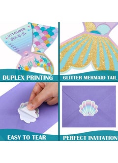 Hotop 24 Sets Mermaid Birthday Invitations With Envelopes And Mermaid Stickers Glitter Mermaid Invitations For Kids Birthday Party Baby Shower Mermaid Themed Party Supplies Pool Party  - Image 5