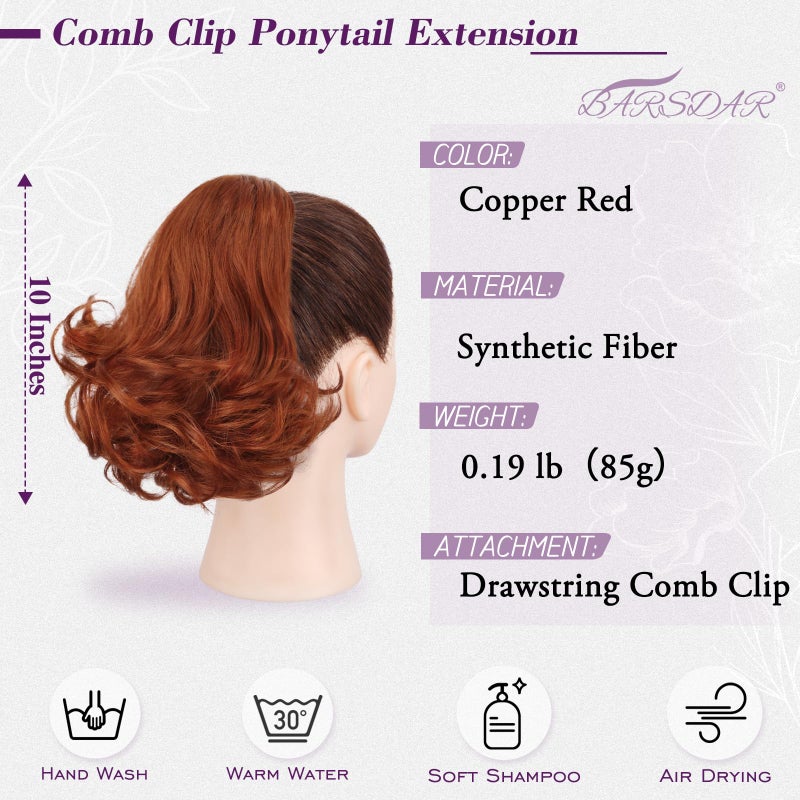 BARSDAR Copper Red Ponytail Extension - 10 Inch Short Wavy Drawstring Ponytail Hair Extensions for Women - Synthetic Comb Clip in Ponytail Hairpieces Fake Pony Tails - Copper Red - Image 2