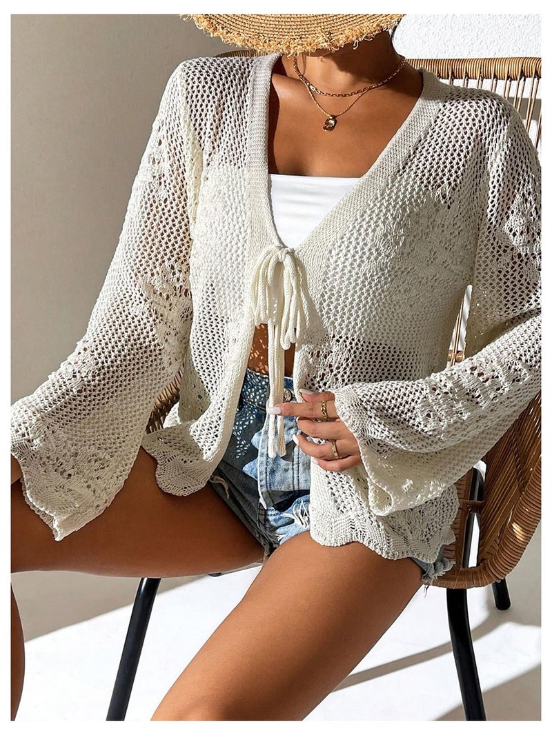 Floerns Women's Tie Front Crochet Lightweight Long Sleeve Cardigan Sweaters Boho Beach Hollow Out Lace Cover Up Beige Medium - Image 4