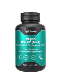 Naturalis Vegan Vitamin D3 + K2 from Algae | 5000iu Vitamin D with 120mcg MK7 Vitamin K | Vegan Society Certified, Sustainably Sourced, Better Than Animal Derived | 60 Veggie Softgels  - Image 1