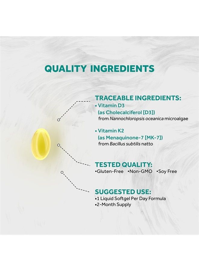 Naturalis فيتامين د3 + ك2 نباتي من الطحالب | 5000 وحدة دولية من فيتامين د مع 120 ميكروغرام من فيتامين ك MK7 | معتمد من جمعية النباتيين، مصدر مستدام، أفضل من المصادر الحيوانية | 60 كبسولة نباتية لينة - Image 2