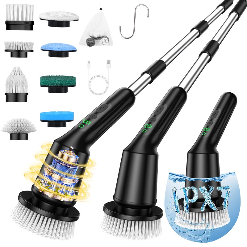 CTMAST Shower Scrubber with Long Handle Shower Cleaner Brush with 8 Brush Heads Cordless Electric Spin Scrubber for Cleaning with 2 Speed Cleaning Supplies for Bathroom Bathtub Kitchen Floor Tile Toilet - Image 2