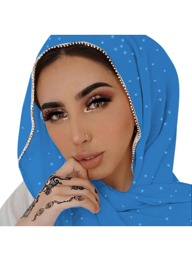 2Pcs Sky Blue Rhinestone Pearl Chiffon Hijab Scarf 180x70cm, Sparkling Gold Beaded Trim Muslim Women Head Wrap for Worship Wedding Daily Wear - Image 1
