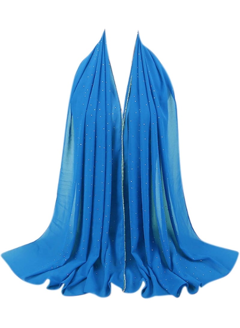 2Pcs Sky Blue Rhinestone Pearl Chiffon Hijab Scarf 180x70cm, Sparkling Gold Beaded Trim Muslim Women Head Wrap for Worship Wedding Daily Wear - Image 3
