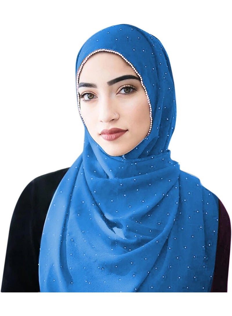 2Pcs Sky Blue Rhinestone Pearl Chiffon Hijab Scarf 180x70cm, Sparkling Gold Beaded Trim Muslim Women Head Wrap for Worship Wedding Daily Wear - Image 2