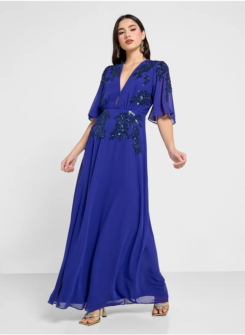 Hope & Ivy Embellished Plunge Neck Flutter Sleeve Dress