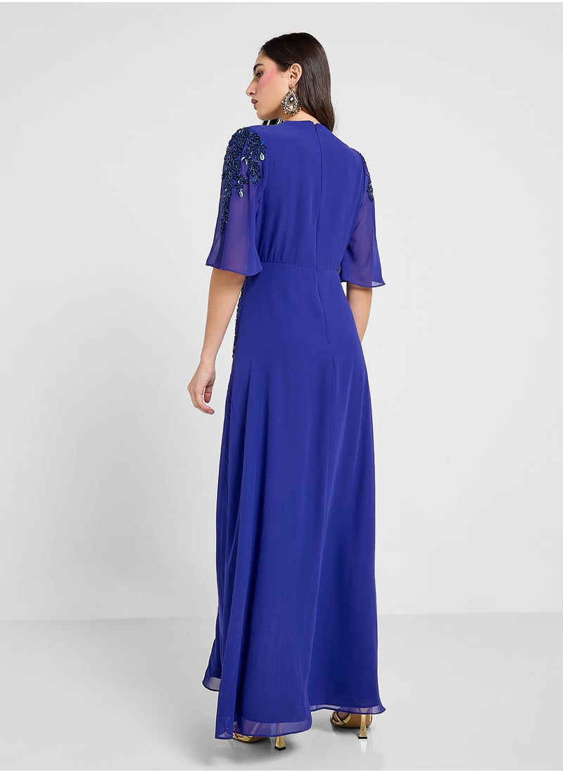 Hope & Ivy - Embellished Plunge Neck Flutter Sleeve Dress - Image 1
