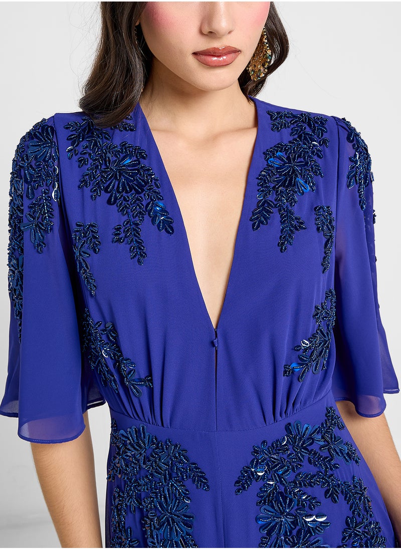 Hope & Ivy - Embellished Plunge Neck Flutter Sleeve Dress - Image 1
