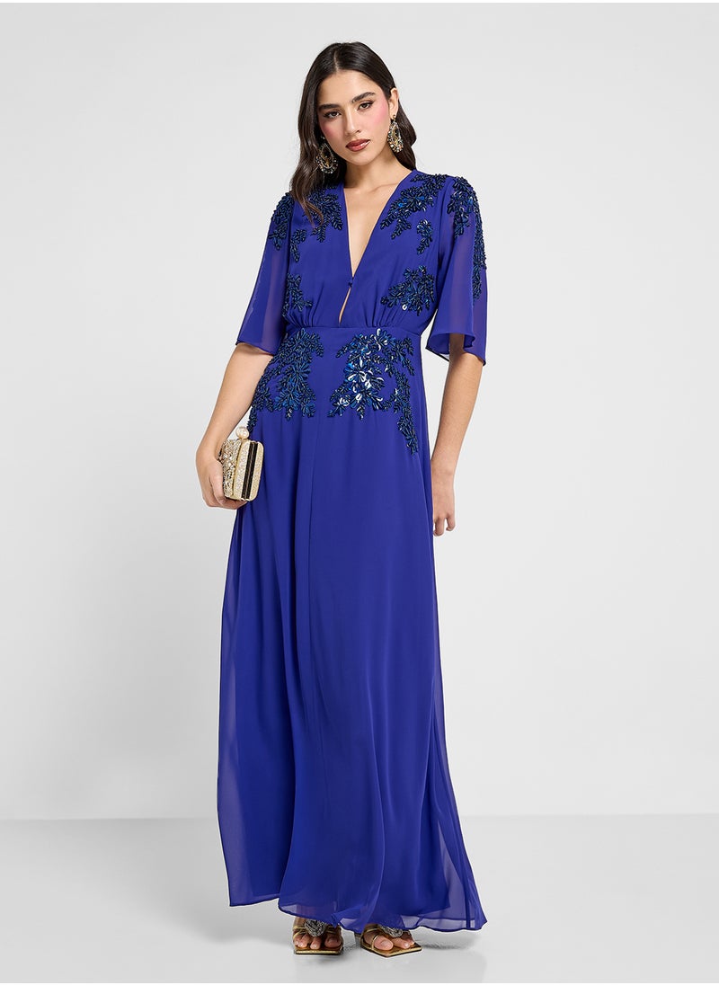 Hope & Ivy - Embellished Plunge Neck Flutter Sleeve Dress - Image 1