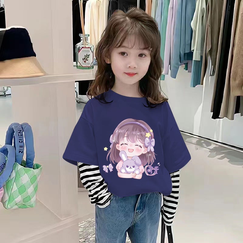 G2541# Girls Cotton Stitching Long Sleeve Loose T-Shirt Children'S Base Shirt Big Children'S Cartoon Top T - Image 4