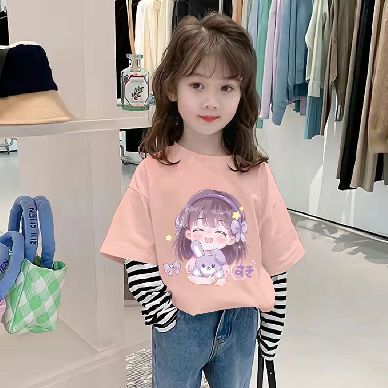 G2541# Girls Cotton Stitching Long Sleeve Loose T-Shirt Children'S Base Shirt Big Children'S Cartoon Top T - Image 1
