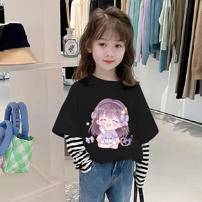 G2541# Girls Cotton Stitching Long Sleeve Loose T-Shirt Children'S Base Shirt Big Children'S Cartoon Top T - Image 5