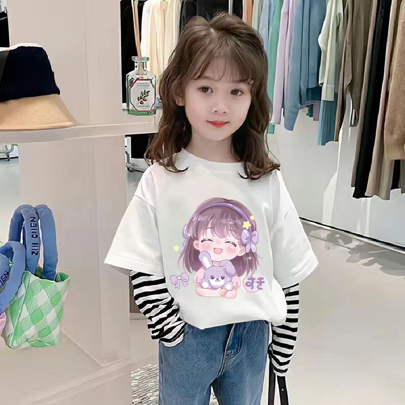 G2541# Girls Cotton Stitching Long Sleeve Loose T-Shirt Children'S Base Shirt Big Children'S Cartoon Top T - Image 3