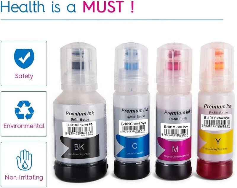 NexNova Ink 101 For Epson For Ecotank Set 4-Pack Black Cyan Magenta Yellow Refill For L4150 L4160 L6160 L6170 L6176 L6190 L14150 Printer - Image 2