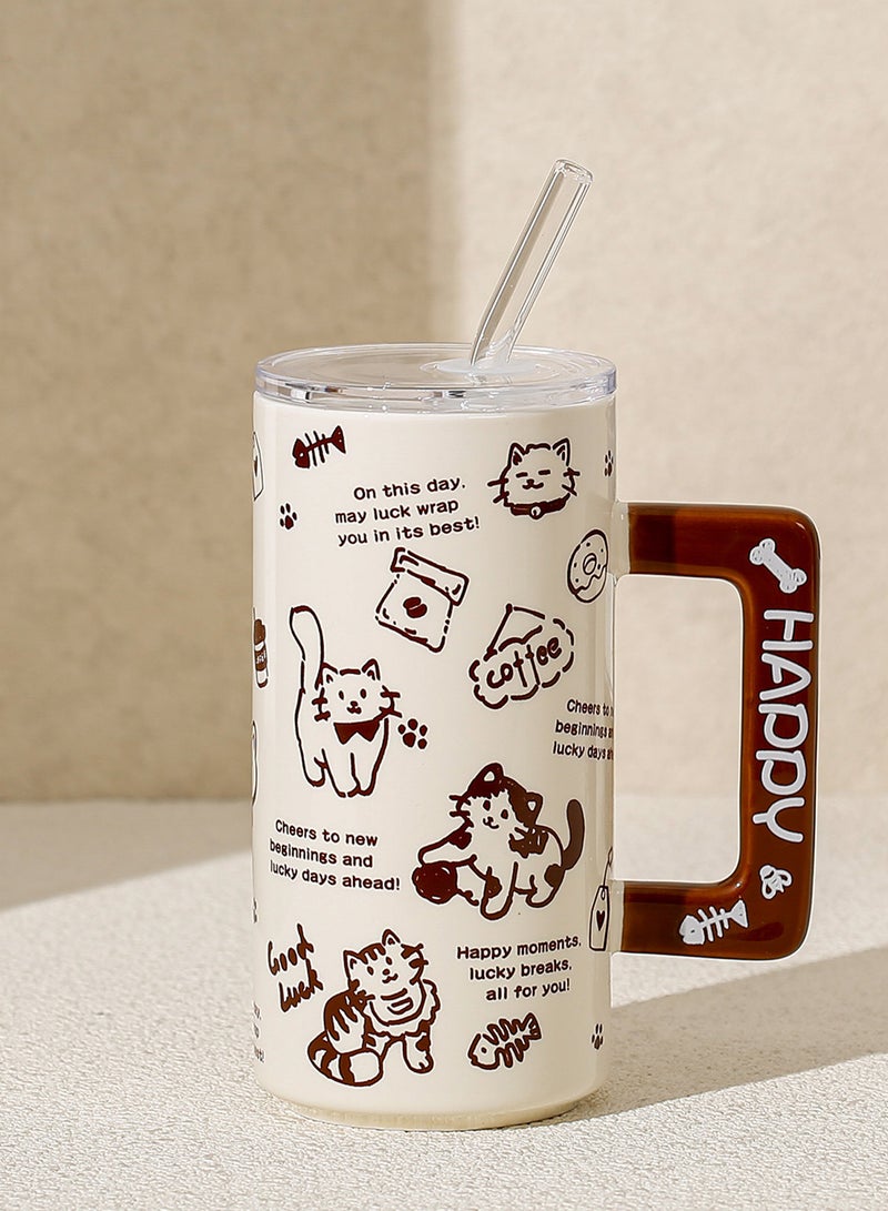 400ml Cute Pet Kitten Cartoon Ceramic Mug - Water Cup with Straw & Handle, Dishwasher/Microwave/Sterilizer Safe for Hot & Cold Beverages - Image 1