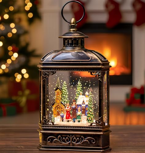 VISFLAIR Musical Snow Globe Lantern Lighted Church Carolers Christmas Village Snow Water Lantern Swirling Glittering Home Decoration and Gift Battery Operated or USB Powered - Image 1