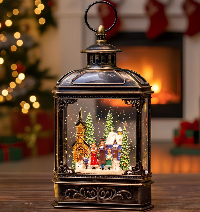 VISFLAIR Musical Snow Globe Lantern Lighted Church Carolers Christmas Village Snow Water Lantern Swirling Glittering Home Decoration and Gift Battery Operated or USB Powered - Image 2
