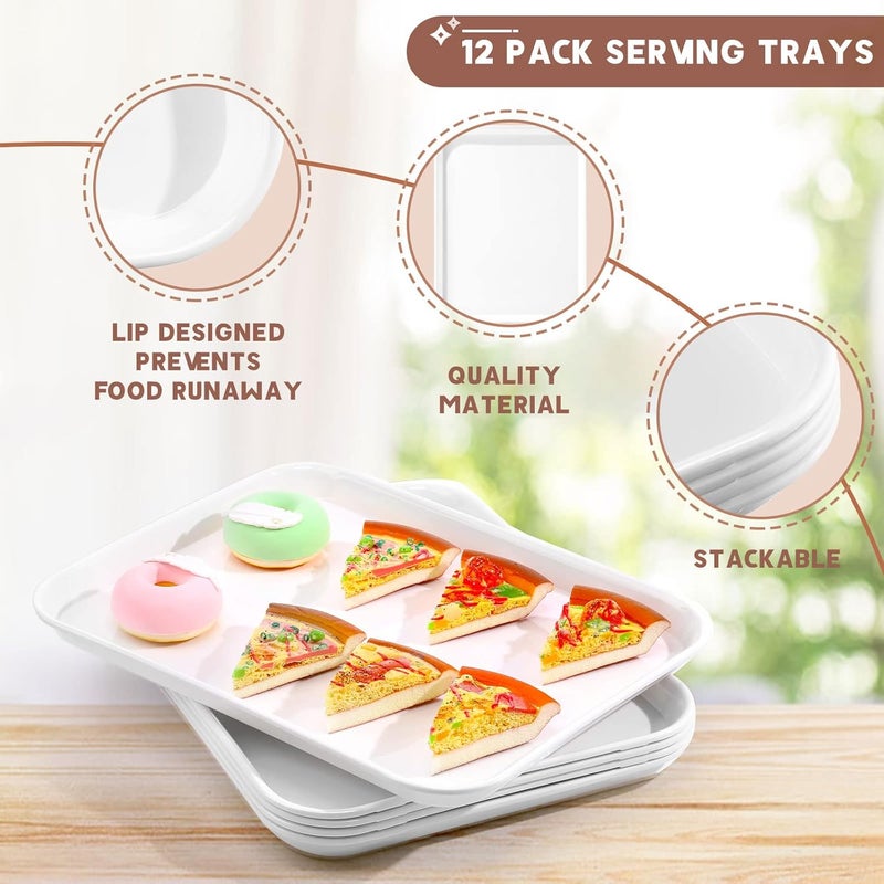 klarako 12 Pack 14" x 10" Plastic Serving Trays, Reusable Spill Proof Melamine Serving Trays Bulk, Stackable Heavy Duty Food Snack Dessert White Platters for Parties Cafeteria Cafe Wedding Restaurant - Image 3
