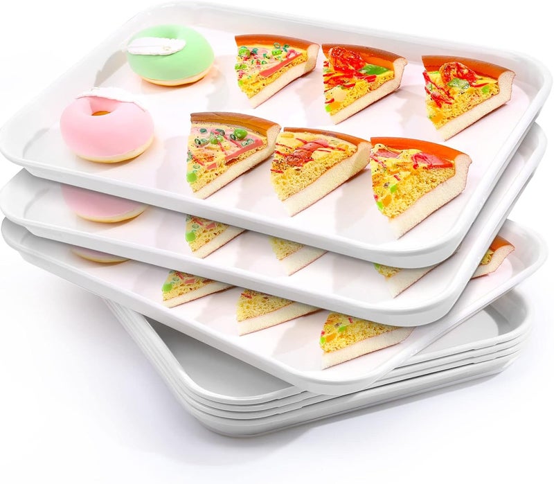 klarako 12 Pack 14" x 10" Plastic Serving Trays, Reusable Spill Proof Melamine Serving Trays Bulk, Stackable Heavy Duty Food Snack Dessert White Platters for Parties Cafeteria Cafe Wedding Restaurant - Image 1