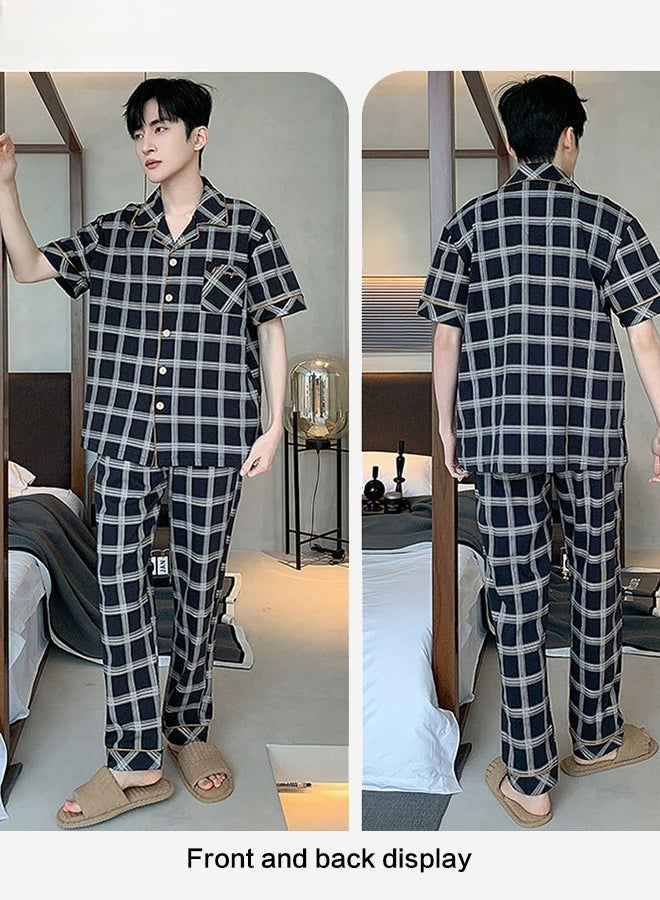 2 Piece Summer Pajamas Outfit for Men, Soft Checked Loungewear Set with Button Down Notch Collar Top and Elastic Waist Long Pants, Perfect for Sleeping or Lounging Around Your House - Image 4