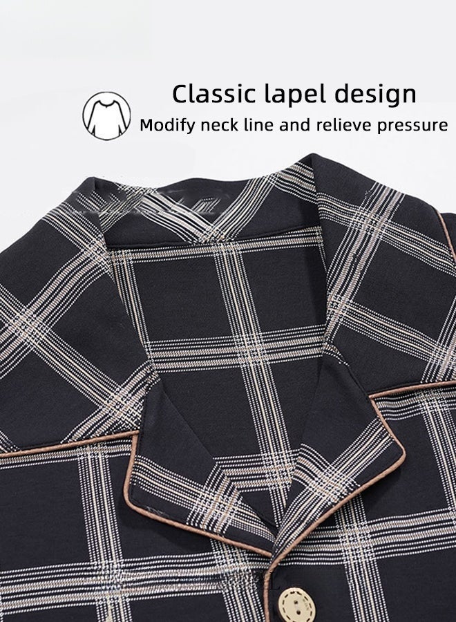2 Piece Summer Pajamas Outfit for Men, Soft Checked Loungewear Set with Button Down Notch Collar Top and Elastic Waist Long Pants, Perfect for Sleeping or Lounging Around Your House - Image 2