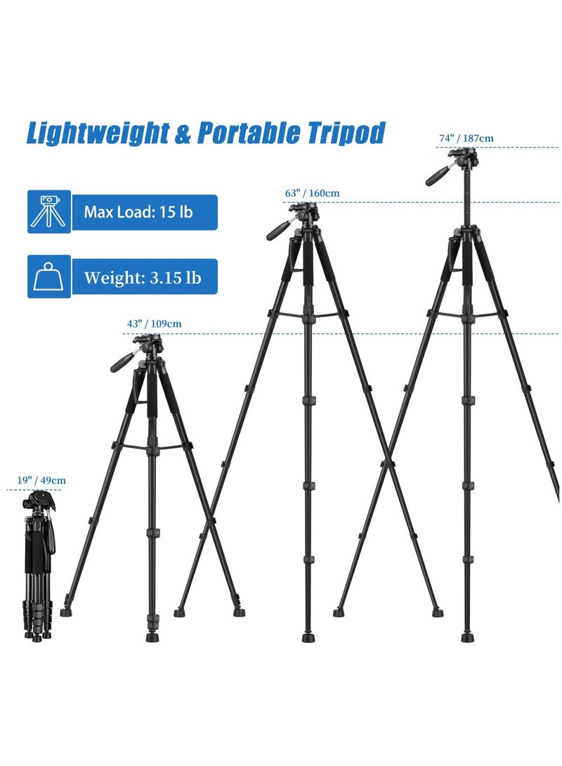 SYOSI Tripod Camera Tripods, 74" Camera Tripod with Phone Holder & Remote & Portable Bag, Heavy Duty Tall Camera Stand Tripod, Professional Travel DSLR Tripods Compatible with Canon Nikon iPhone  - Image 2