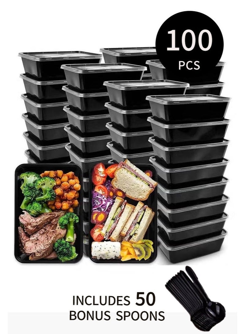 100 PCS Set — 50 Meal Prep Containers with Lids + 50 Reusable Spoons, BPA-Free, Freezer-Safe & Microwave-Safe Disposable Food Storage Containers - Image 1