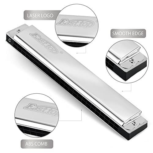 East top Tremolo Harmonica Key of C, 24 Holes Tremolo Mouth Organ Musical Instrument for adults and Professionals with Silver Cover T2403 - Image 2