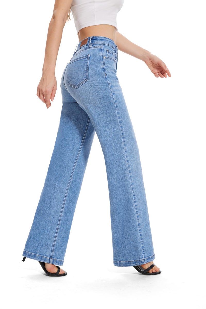 FLYING BANANA Women's High Waisted Wide Leg Baggy Stretch Denim Jeans (Medium Blue, 4) - Image 4