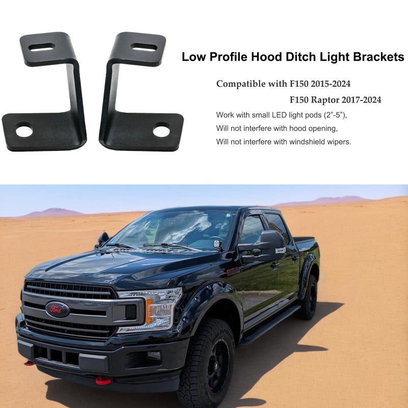 Generic DarSeity Low Profile Mount Hood Hinges Ditch Light Brackets for Ford F150 2015-2023 & F150 Raptor 2017-2023, for Auxiliary Off-Road Lighting (for Ford F150 15-23)  - Image 2