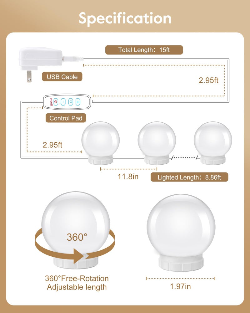 Brightown Hollywood Style Led Vanity Mirror Lights Kit - Vanity Lights Have 10 Dimmable Light Bulbs for Makeup Dressing Table and Power Supply Plug in Lighting Fixture Strip, White (No Mirror Included) - Image 4