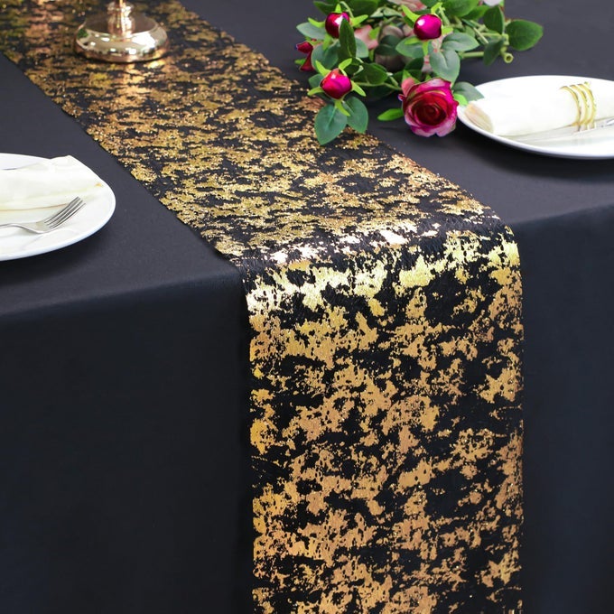 BLACK AND GOLD TABLE RUNNER 100 FEET GLITTER GOLDEN METALLIC TABLE CENTERPIECES FOIL RUNNERS PARTY DECORATIONS FOR GRADUATION BIRTHDAY RETIREMENT WEDDING CHRISTMAS HALLOWEEN THANKSGIVING
