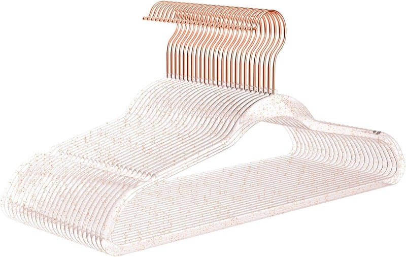 MIZGI 10 Pack Non-Velvet Plastic Hangers with Chrome Hook - Clear/Rosegold Glitter - Image 1